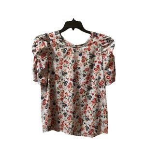 Anthropologie Pleione Womens Blouse‎ Floral Blue Short Puff Sleeves Sz L